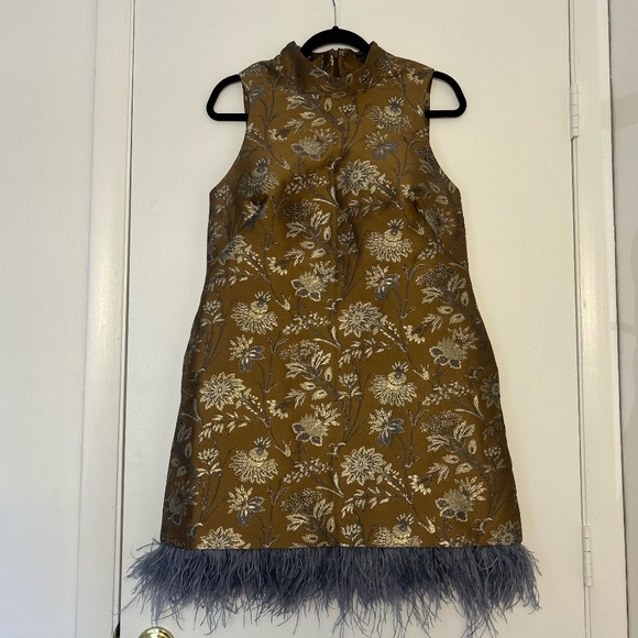 Cara Cara Tay Feather-Trimmed Jacquard Mini Dress – Jacquard Garden – Size L - Picture 1 of 15